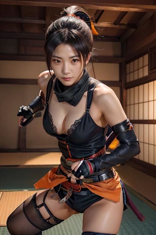 Highest quality,Ultra HD,Best AI Images, Full body photo,Rendering beautiful brush strokes, Very detailed vfx portrait of, Female ninja, A Japanese female ninja, cgsociety と fenghua zhong, Covert behavior, A female ninja, ((Preparing for battle)),Dynamic pose 1.3,Japanese woman portrait, , Trending on deviantart, ((Orange short ninja costume.5,Sexy Ninja)), Japanese spy, 3D Rendering, Beautiful face 1.5, Key Visual, Vibrant, (((Background of a Sengoku period mansion))), Very detailed, grow,