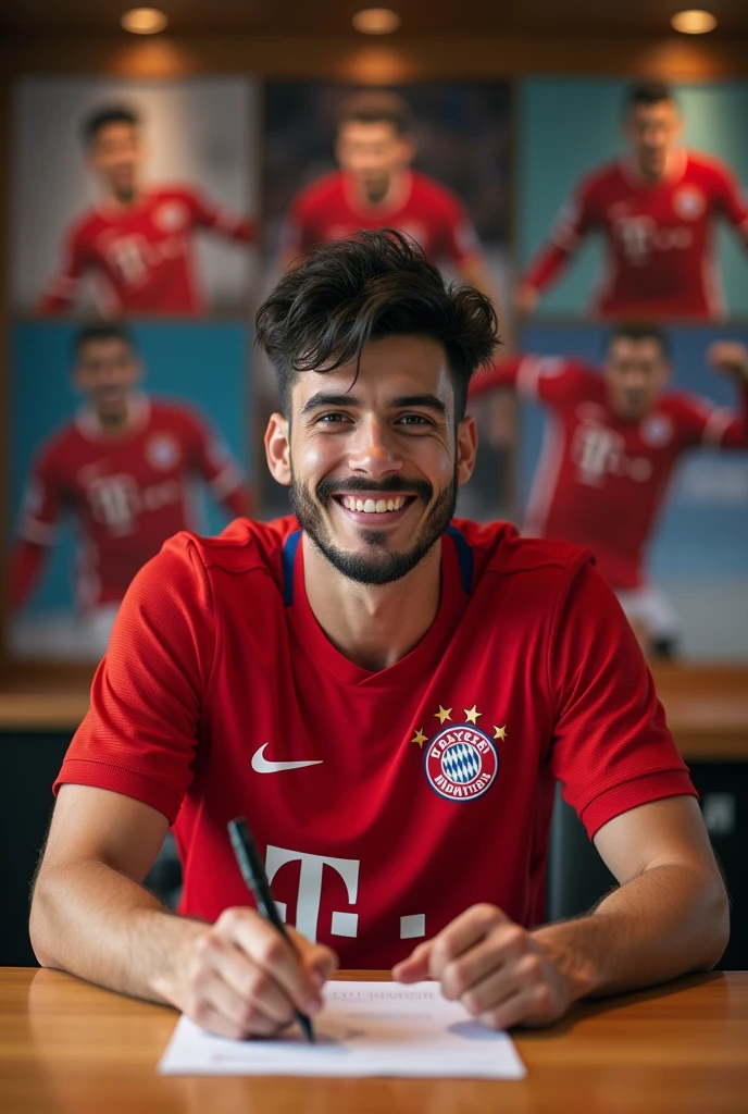 Create me a skinny young football player, wearing a Nike shirt,sem beard, and is 21 years old, The player has black hair, signing a contract with a happy face, he is signing with Bayern Munich 