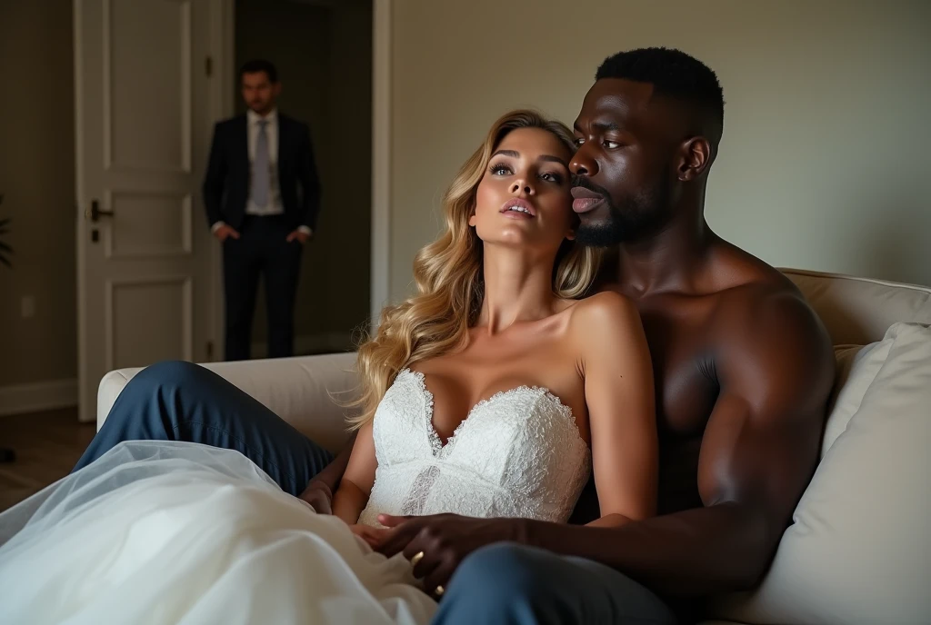 Magnificent detail, 8K Photos, hyper- realism, realistic background, visual depth, wide angle lens, professional light, all-body. {The scene shows a beautiful 25 year old blonde bride in a wedding dress rolling her eyes upwards expressing sexual pleasure sitting on a sofa hugging a strong muscular black man., while another man who is her white blond fiancé is in the background of the photo, entering through the door and witnessing the scene with surprise.} {The bride wears a dress that really highlights her body, It has a strapless neckline.} {The bride has her mouth open expressing feeling an intense orgasm}. {The groom is dressed in a traditional wedding suit and a stylishly arranged slim tie.. She expresses despair at the sight of the scene.} {The black man holds the bride by the waist with a look of sexual pleasure. He is shirtless, without any item of clothing, but her private parts are covered by the bride's dress} {the bride is on the black man's lap, hugging him from the front.} betrayal. sensual image. adult content