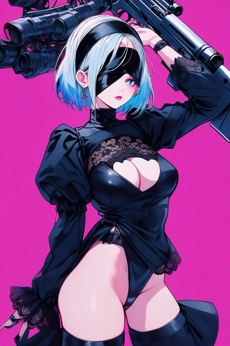 Illustrator, アニメ , Realistic ,sketch , 1 person, model, lip, A translucent gothic black mini dress with lots of lace, blindfold, eye covered, black blindfold, Order, Blue and pink gradient background, Neon colored ponytail hair, Big Breasts, Has a machine gun, Upper Body, Sexy look, Sexy pose, Texture Trim, Russia, (masterpiece,Highest quality)