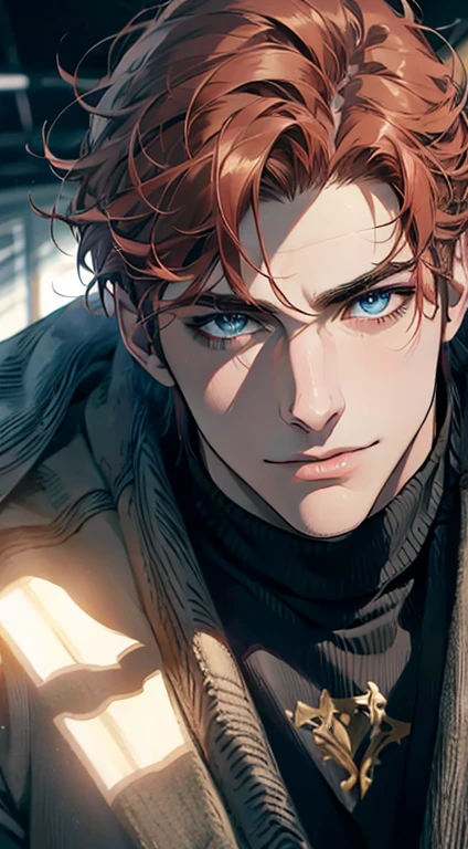 (best quality,4k,8k,highres,masterpiece:1.2),ultra-detailed,(realistic,photorealistic,photo-realistic:1.37),1 man,31 years old,mature man,very handsome,without expression,smile,short red white hair,blue eyes,penetrating gaze,perfect face without errors,imposing posture,businessman,office background,cinematic lighting,hdr image