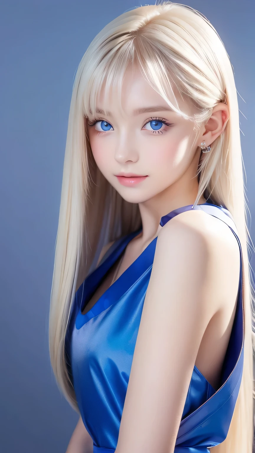 Portrait、Alice in Wonderland、The endless blue sky、Bright and very beautiful face、Young, lustrous, glowing, white skin、The best beauty、Platinum blonde hair with dazzling highlights、Thin Hair、very straight, beautiful long hair in the back,,,、Super long silky straight hair、Shiny beautiful bangs、sparkling, clear, large blue eyes、Very beautiful and lovely beautiful、White Apron、Blue Dress