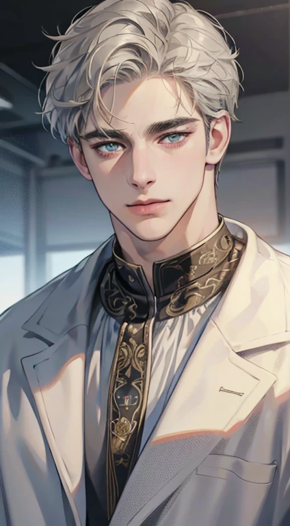 (best quality,4k,8k,highres,masterpiece:1.2),ultra-detailed,(realistic,photorealistic,photo-realistic:1.37),1 man,31 years old,mature man,very handsome,without expression,smile,short grey golden hair,blue eyes,penetrating gaze,perfect face without errors,imposing posture,businessman,office background,cinematic lighting,hdr image