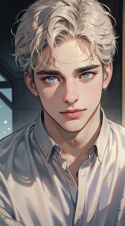 (best quality,4k,8k,highres,masterpiece:1.2),ultra-detailed,(realistic,photorealistic,photo-realistic:1.37),1 man,31 years old,mature man,very handsome,without expression,smile,short grey golden hair,blue eyes,penetrating gaze,perfect face without errors,imposing posture,businessman,office background,cinematic lighting,hdr image
