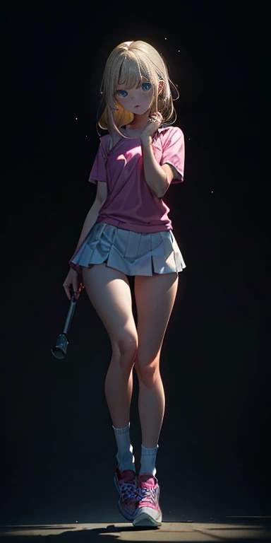beautiful, (masterpiece:1.2), (best quality:1.2), Beautiful 10-year-old white girl with blue eyes, long swept-back straight blond hair, Happy hands behind body (hiding dingers and hands), Pink and white frilly miniskirt, pink shirt, pink socks, white sneakers, California City background, daylight.