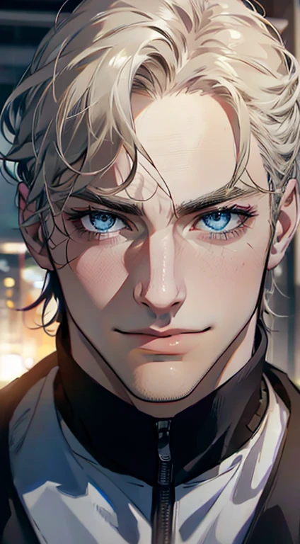 (best quality,4k,8k,highres,masterpiece:1.2),ultra-detailed,(realistic,photorealistic,photo-realistic:1.37),1 man,31 years old,mature man,very handsome,without expression,smile,short grey golden hair,blue eyes,penetrating gaze,perfect face without errors,imposing posture,businessman,office background,cinematic lighting,hdr image