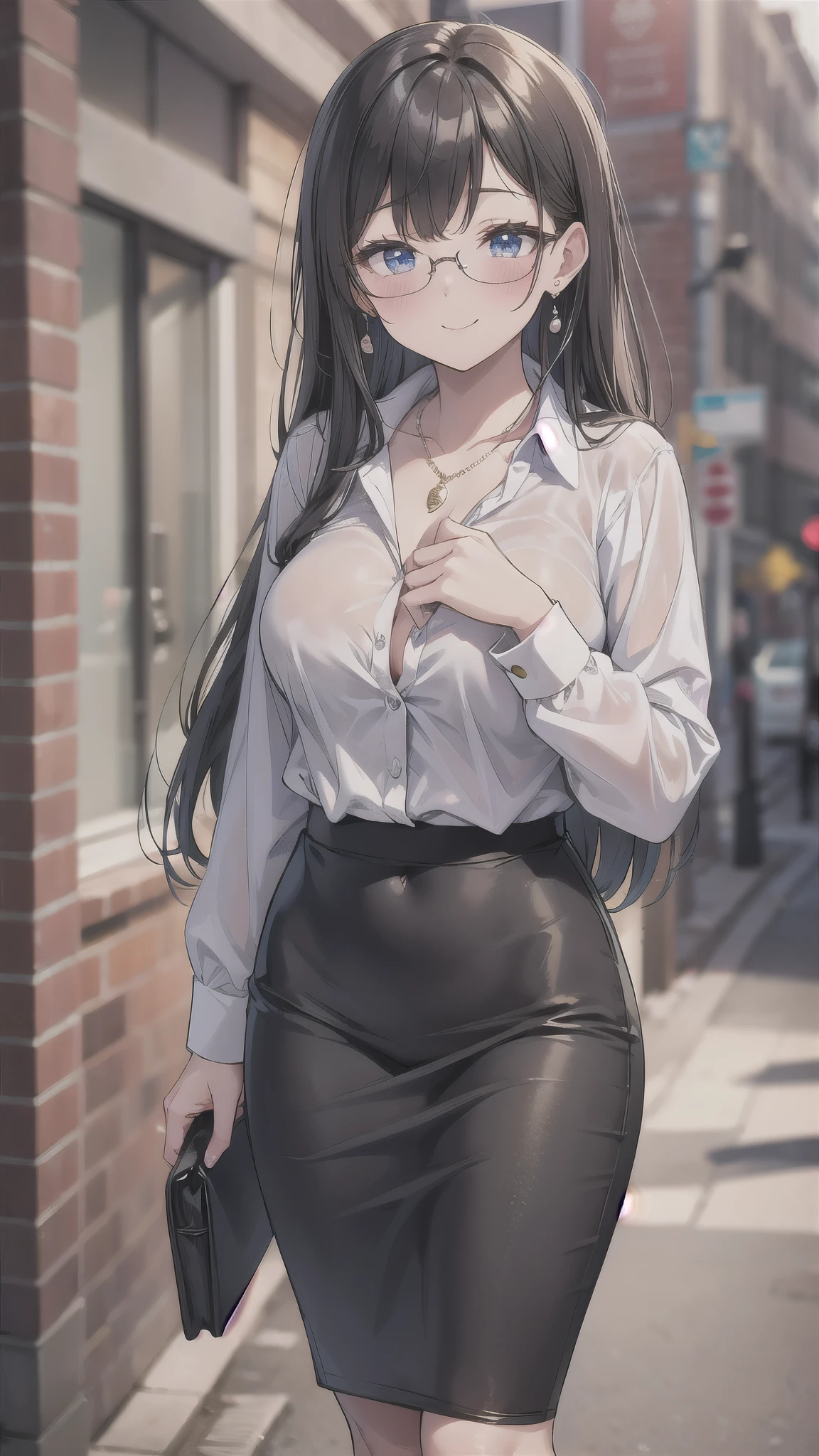(super high quality,Ultra-high resolution,16K,super masterpiece,Ultra HD,Detailed shading),Full body photo,the sunlit entrance,A seductive mother,(popped collar White shirts,Bring the hem out,Tight collar,Long sleeve,BLACK Pencil Skirt),sexly,Black hair semi-short,Sweep your bangs to the side,Glasses,smile,Pearl Earrings,Pearl Necklace,Engagement Rings,slouch,