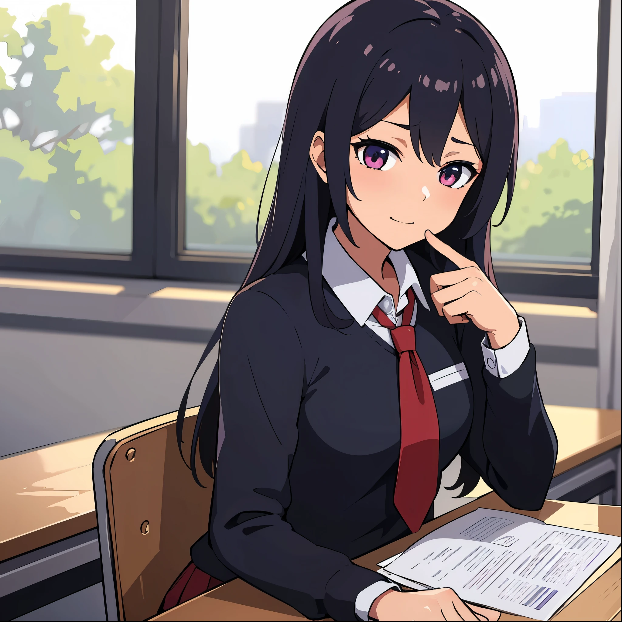 top quality, masterpiece, ultra high resolution, Image of 4 anime girls in school uniforms in a classroom 