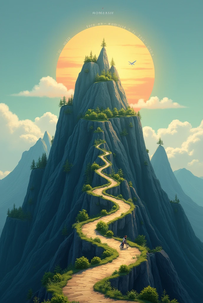 1. Start with the Base of the Mountain:
* At the base, write "Born on March 14, 2005."
* Use a simple icon like a baby or a cradle.
2. Create the Ascent:
* As you move up the mountain, place milestones along the path:
    * March 6, 2012: My mom passed away (sad) - use a symbol like a broken heart.
    * September 12, 2013: We visited Boracay (happy) - use a sun or beach icon.
    * Year 2016: My favorite aunt moved to Abu Dhabi (sad) - use a plane icon.
    * March 30, 2020: I joined Divine Mercy (happy) - use a church icon.
3. Near the Peak:
* Continue placing milestones:
    * September 18, 2021: My grandfather was admitted to the hospital (sad) - use a hospital symbol.
    * Year 2022: I graduated from junior high school (happy) - use a graduation cap.
    * October 7, 2022: My grandmother was diagnosed with liver cancer (sad) - use a medical icon.
4. At the Peak:
* Finally, reach the peak:
    * February 2, 2023: I got exempted from the research defense (happy) - use a book or checkmark.
    * February 9, 2023: My grandfather passed away (sad) - use a cross or tear.
    * March 2023: My cousins and I reunited (happy) - use a group of people.
    * March 11, 2023: I experienced my first heartbreak (sad) - use a broken heart.
    * Year 2024: Finally healed and learned the lesson (happy) - place this at the peak with a sunrise or star icon.
5. Background and Details:
* Use a gradient background that starts darker at the base and gets lighter as you reach the peak.
* Add simple trees, clouds, or other natural elements to make it more visually appealing.
