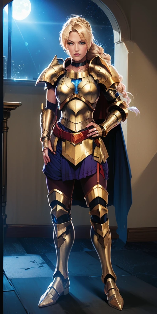 paladin lady in ornate golden armor, black collar, pauldrons, breastplate, corset, glowing halo, single braid, blonde, yellow glowing eyes, bright pupils, eye focus, red cape, temple indoors, stained glass windows, night, moonlight, particles, light beam, chromatic aberration, (full body, whole body. 1solo (girl). slave fighter, loincloth standing, hands on hips full body, whole body. 1solo (girl). slave fighter, loincloth standing, hands on hips, metal sandals, backpack, choker, big belt, view from below, feet together, bracers, tiara)