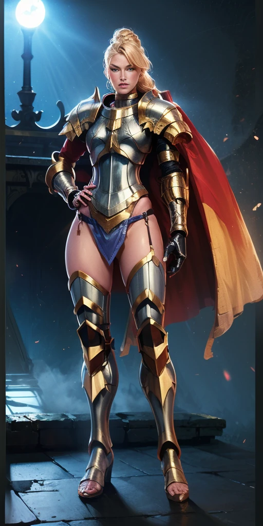 paladin lady in ornate golden armor, black collar, pauldrons, breastplate, corset, glowing halo, single braid, blonde, yellow glowing eyes, bright pupils, eye focus, red cape, temple indoors, stained glass windows, night, moonlight, particles, light beam, chromatic aberration, (full body, whole body. 1solo (girl). slave fighter, loincloth standing, hands on hips full body, whole body. 1solo (girl). slave fighter, loincloth standing, hands on hips, metal sandals, backpack, choker, big belt, view from below, feet together, bracers, tiara)