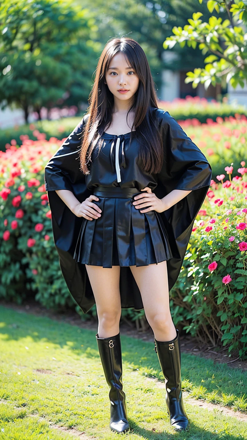 (8k、RAW Photos、Highest quality、masterpiece:1.2)、(Realistic、Realistic)、1 person、((Mini skirt in black、Fantasy、Witch's Poncho、garden、garden、Breast enlargement、boots、cool、Thin legs、whole body、View from the front、Looking into the camera、Stand with hands on hips))、cute