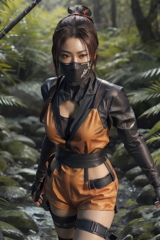 Highest quality,Ultra HD,Best AI Images, Full body photo,Rendering beautiful brush strokes, Very detailed vfx portrait of, Female ninja, A Japanese female ninja, cgsociety と fenghua zhong, Covert behavior, A female ninja, ((Covert behavior中)),Observing the enemy from a high vantage point 1.3,Japanese woman portrait, , Trending on deviantart, ((Orange short ninja costume.5,Sexy Ninja,Big Breasts)), Japanese spy, 3D Rendering, Beautiful face 1.5, Key Visual, Vibrant, (((Sengoku Period forest background))), Very detailed, grow,