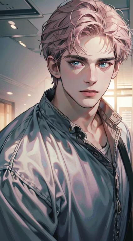 (best quality,4k,8k,highres,masterpiece:1.2),ultra-detailed,(realistic,photorealistic,photo-realistic:1.37),1 man,31 years old,mature man,very handsome,without expression,smile,short grey pink hair,blue eyes,penetrating gaze,perfect face without errors,imposing posture,businessman,office background,cinematic lighting,hdr image