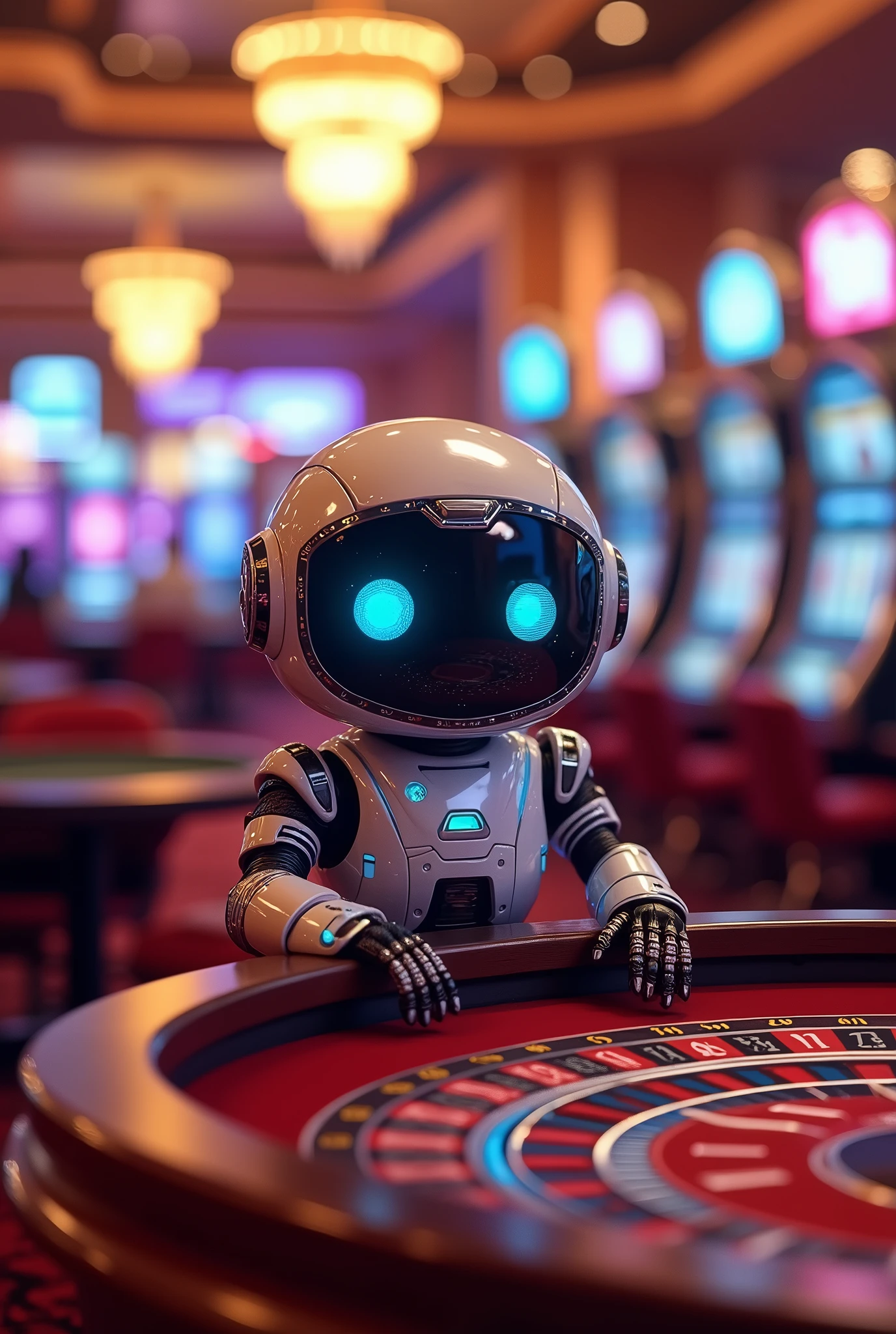 Little robot playing roulette in a casino, blending ultra-realism with cartoon style in 8K cinematic quality. The robot features metallic and luminous details, expressive eyes, and a futuristic design. This contrasts with a richly detailed and vibrant casino environment, filled with colors and dramatic lighting.