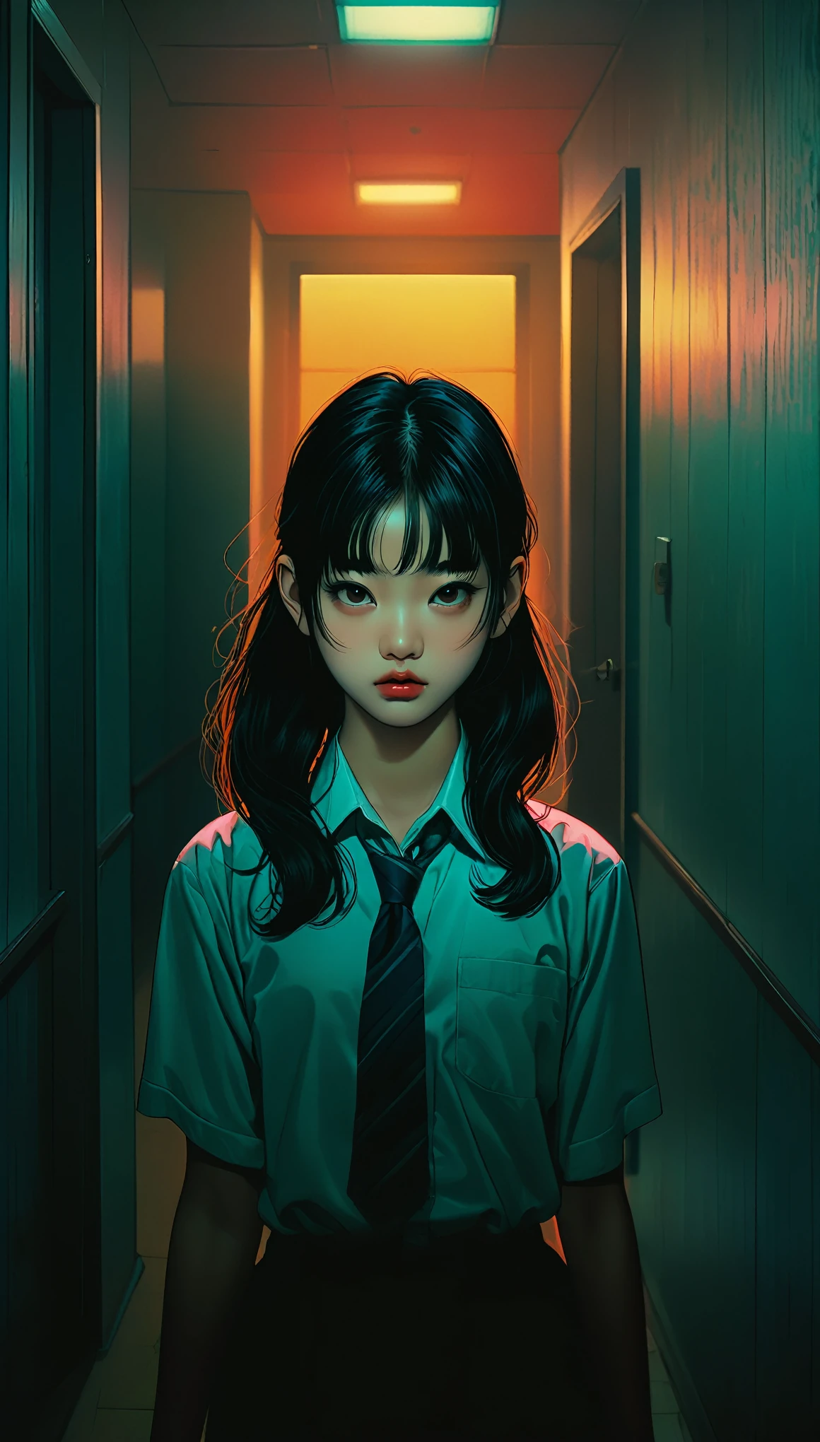 An illustration、art、80s Thai horror movie poster, Supervised by Junji Ito、(high school girl:1.0)、evening、Inside the room、Vacant rooms、Attention to detail, Realistic Shadows、Analog Style, chromatic aberration, Surrealism、Complementary Gradient