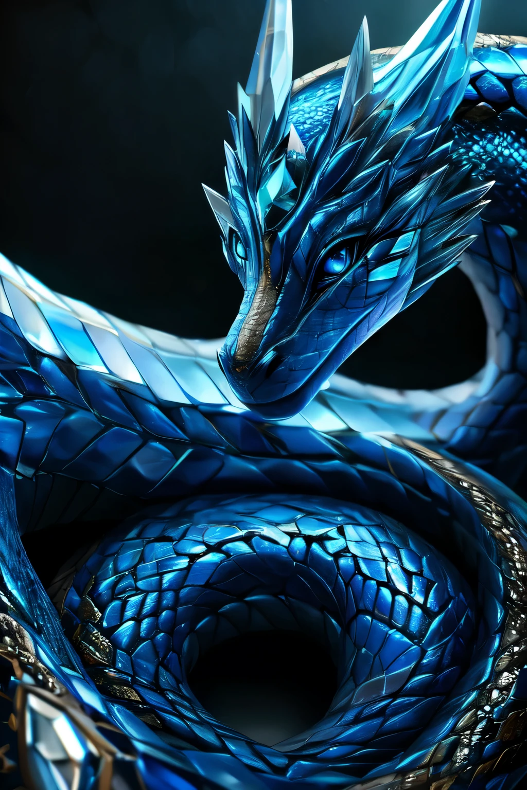 ((best quality)), ((masterpiece)), (detailed), picture of black and blue serpent, photorealistic, crystal gem on its forehead, photorealistic image, curled horns on the side of its head, realistic, high quality, dark blue eyes, Surreal art, shimmer, Approaching perfection, Ultra High Quality, Reflective materials, shadowy, Volumetric lighting, 8K resolution, ultra-detailed, well-proportioned detailed dark blue eyes, (absurderes:1.2), exquisitely crafted snake, exquisitely crafted serpent, elegant, beautiful detailed and clear dark blue eyes,