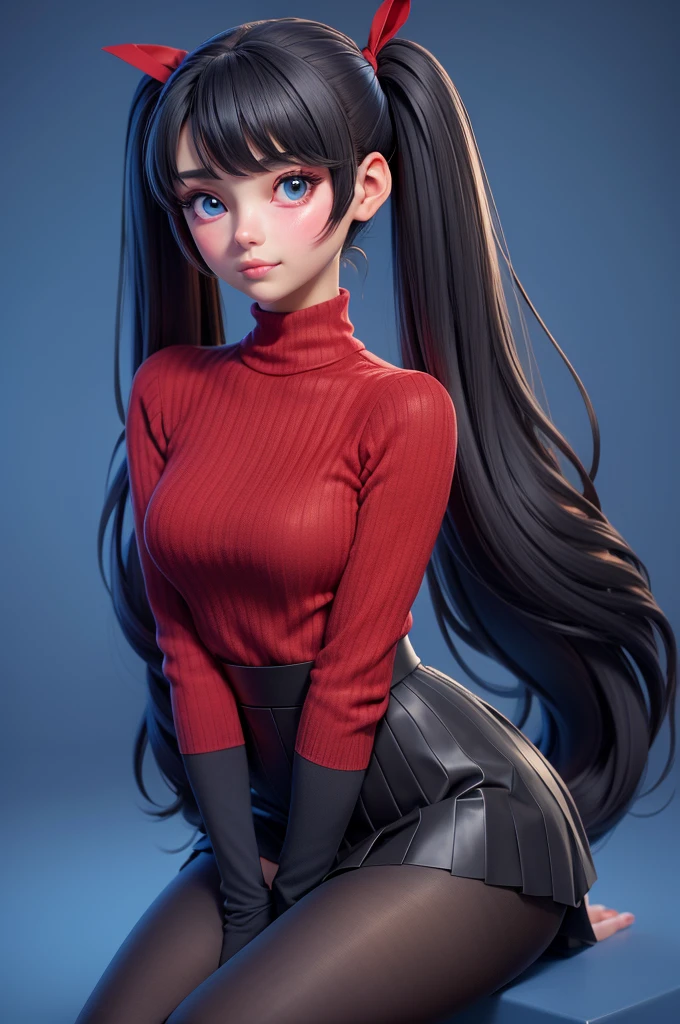 1girl, tohsaka rin, solo, long hair, sweater, red sweater, looking at viewer, blue background, black hair, simple background, two side up, turtleneck, blue eyes, lips, closed mouth, ribbon, hair ribbon, sitting with legs open to expose her sheer black pantyhose, micro skirt, bangs, turtleneck sweater, upper body, parted bangs, black ribbon, ribbed sweater, twintails, nose,