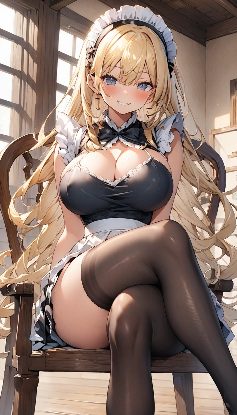 One Woman、beautiful girl、maid、20-year-old、Blonde、Very Long Hair、Western-style building、maidの、頭にmaidカチューシャ、Short skirt、Black Pantyhose、Ultra-definition image quality、Highest quality, smile,Big Breasts、Very large breasts、Sit on a chair、Crossing your legs、Crossing your legsポーズ、Poses that accentuate the chest、Grin、breast enhancement