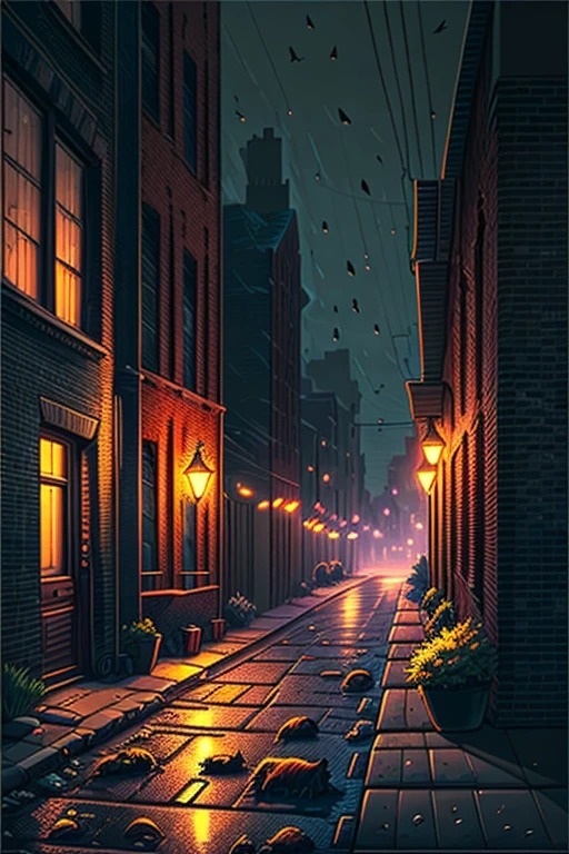 A streetscape at night, dimly lit by flickering streetlamps, casts long shadows on wet asphalt, as five twenties-era black cats, their eyes aglow like embers, scurry away in fright, their slender bodies tense and low to the ground, their tails twitching with every snap of a twig or distant car horn, amidst the ominous, graffiti-tagged brick walls and rusty fire escapes of a city street, where crumbling sidewalks and broken bottle shards create a treacherous obstacle course, and the air thick with the smell of exhaust and desperation, while in the background, the eerie glow of a lone, rain-speckled streetlight casts an otherworldly sheen on the dark, misty atmosphere, evoking a sense of foreboding and unease