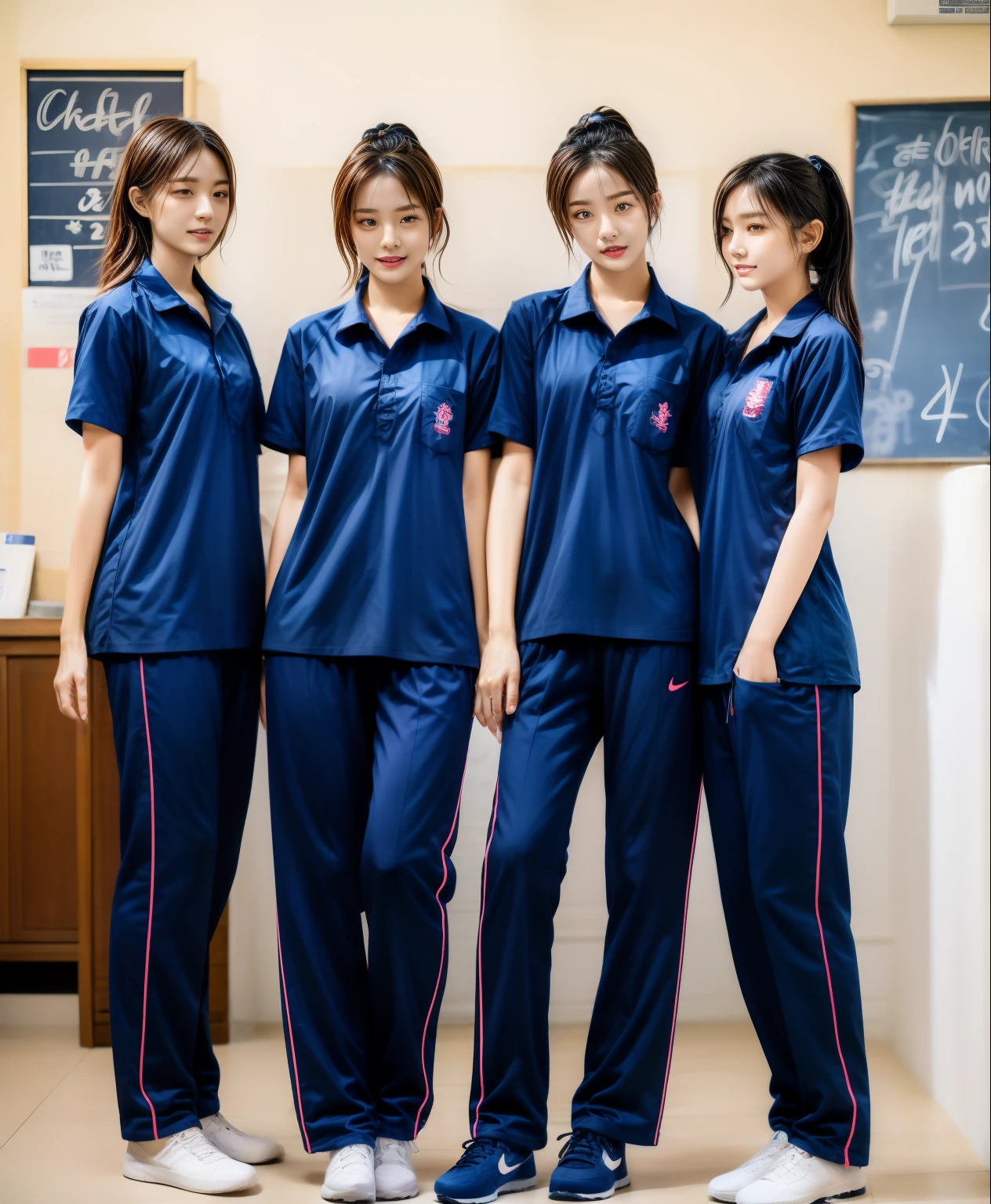 3 girls sleep on bed, Navy blue short-sleeved shirt,Navy Long Trackpant,Sweatpants, Sweatpantsขายาว,25 year old girl, lesbian, sexy, exercise clothes, wet body, exercise clothes