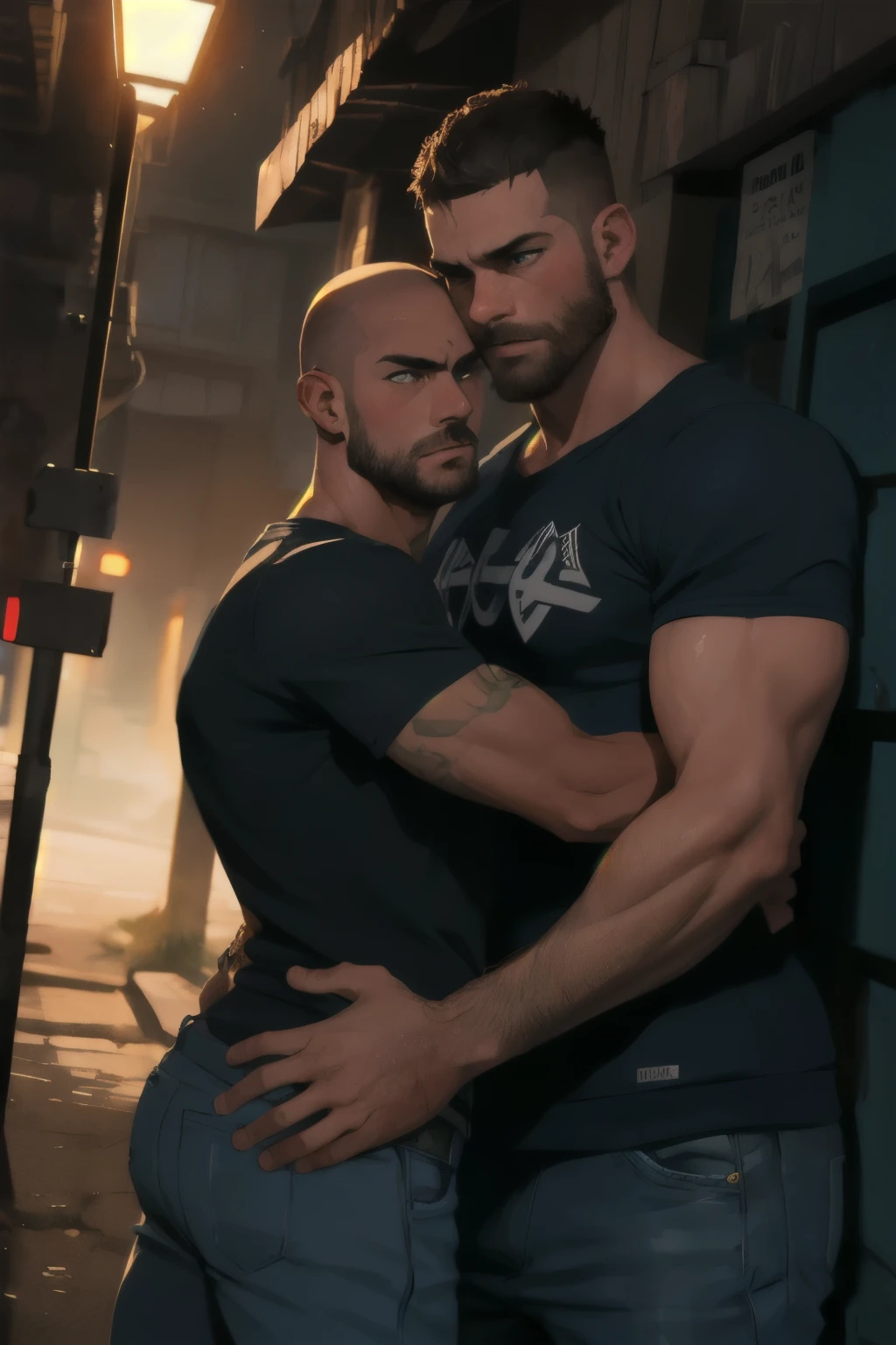 masterpiece, best quality, 2boys, adult males, beards, chavs, rough, dirty, Mancunian, mean, bullies, druggies, skinheads, in front of suburban house, hugging, homoerotic, realistic, dramatic lighting, atmospheric, intricate detail