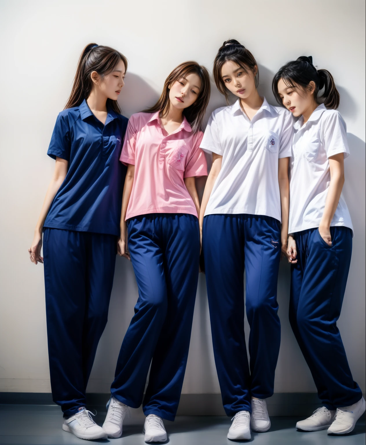3 girls sleep on bed, Navy blue short-sleeved shirt,Navy Long Trackpant,Sweatpants, Sweatpantsขายาว,25 year old girl, lesbian, sexy, exercise clothes, wet body, exercise clothes