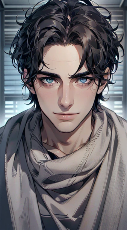 (best quality,4k,8k,highres,masterpiece:1.2),ultra-detailed,(realistic,photorealistic,photo-realistic:1.37),1 man,31 years old,mature man,very handsome,without expression,smile,short grey black hair,blue eyes,penetrating gaze,perfect face without errors,imposing posture,businessman,office background,cinematic lighting,hdr image