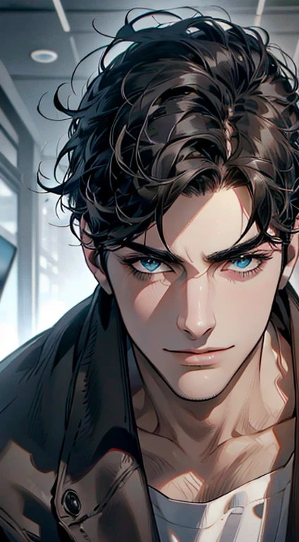 (best quality,4k,8k,highres,masterpiece:1.2),ultra-detailed,(realistic,photorealistic,photo-realistic:1.37),1 man,31 years old, man,very handsome,without expression,smile,short grey black hair,blue eyes,penetrating gaze,perfect face without errors,imposing posture,businessman,office background,cinematic lighting,hdr image