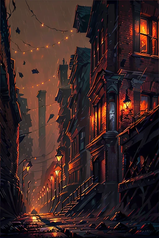 A streetscape at night, dimly lit by flickering streetlamps, casts long shadows on wet asphalt, as five twenties-era black cats, their eyes aglow like embers, scurry away in fright, their slender bodies tense and low to the ground, their tails twitching with every snap of a twig or distant car horn, amidst the ominous, graffiti-tagged brick walls and rusty fire escapes of a city street, where crumbling sidewalks and broken bottle shards create a treacherous obstacle course, and the air thick with the smell of exhaust and desperation, while in the background, the eerie glow of a lone, rain-speckled streetlight casts an otherworldly sheen on the dark, misty atmosphere, evoking a sense of foreboding and unease