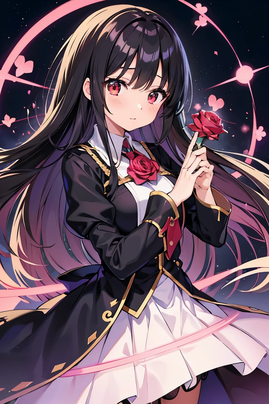 roseの花を持っているアニメの, Concept art by Kamagurka, pixiv Contest Winner, Self-sastructing art, アニメ 萌えZero-chan art, Girl in uniform, With index finger, Anime Style 4k, Zero-chan, Black-haired wizard, 2D Anime Style, High quality anime art style、roseの花を持つ、1 round、rose、Background Sunny