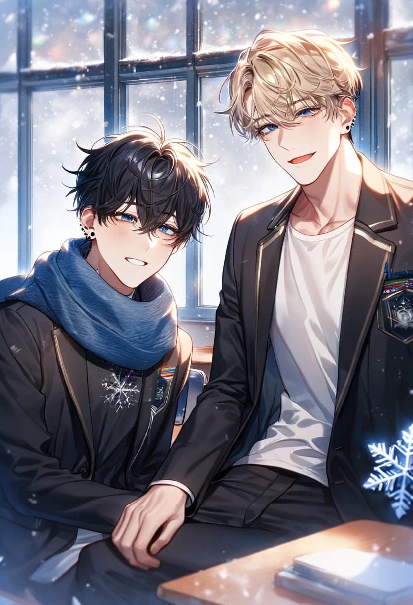 absurdres, highres, ultra detailed, HDR, master piece, best quality, extremely detailed face, delicated features, Kang Woojin, black hair, messy hair, expressive dark blue eyes, Love Jinx, Lim Haegyung, ash-blonde hair, hair between the eyes, messy hair, expressive blue eyes, two sexy men sitting close, yaoi, gay couple, handsome, sensual, uniform, black jacket, white shirt, scarf, black pants, black piercings, classroom, window, chairs, desks, snowing, snowflakes 