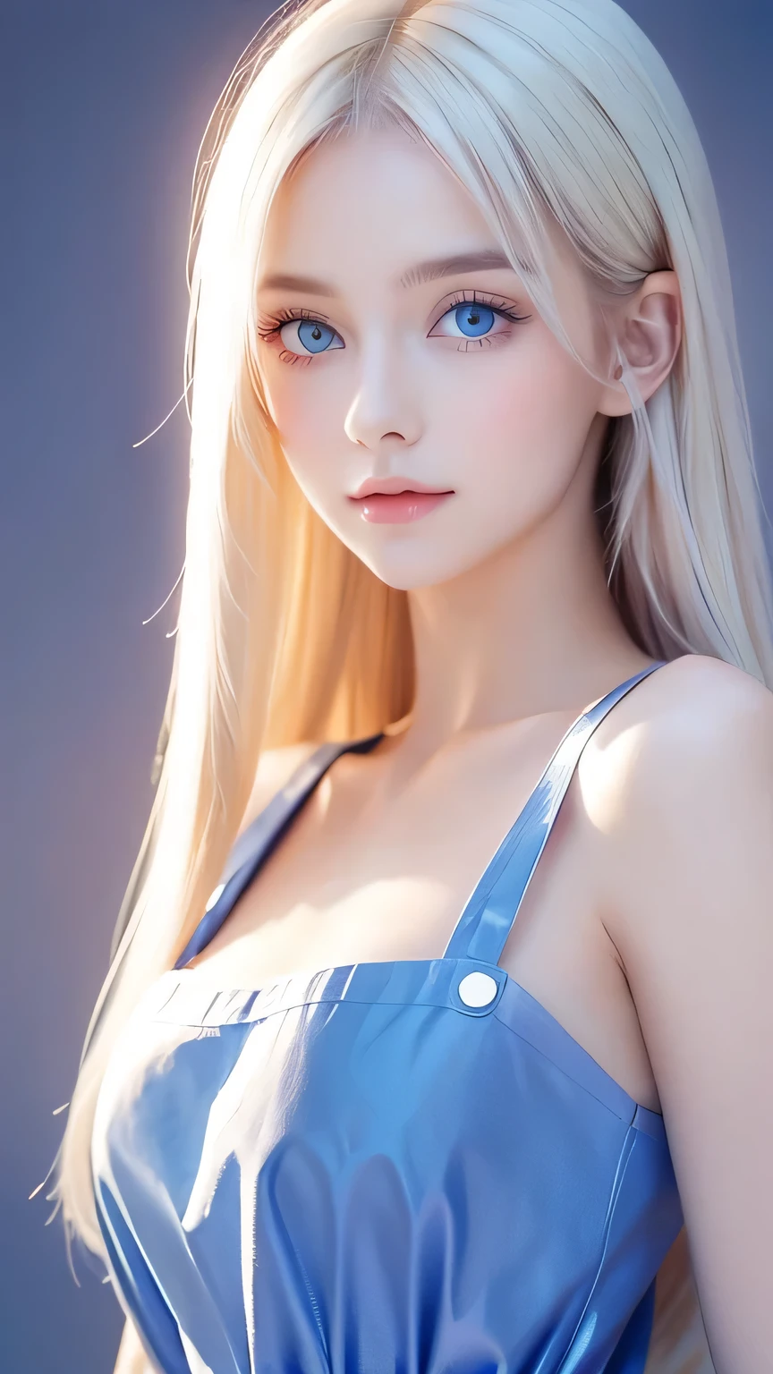 Portrait、A very beautiful Nordic girl、Alice in Wonderland、The endless blue sky、Bright and very beautiful face、Young, lustrous, glowing, white skin、The best beauty、Platinum blonde hair with dazzling highlights、Thin Hair、Very straight beautiful long hair in the back. Super long silky straight hair.、Shiny beautiful bangs、sparkling, clear, large blue eyes、Very beautiful and lovely beautiful、White Apron、Blue Dress