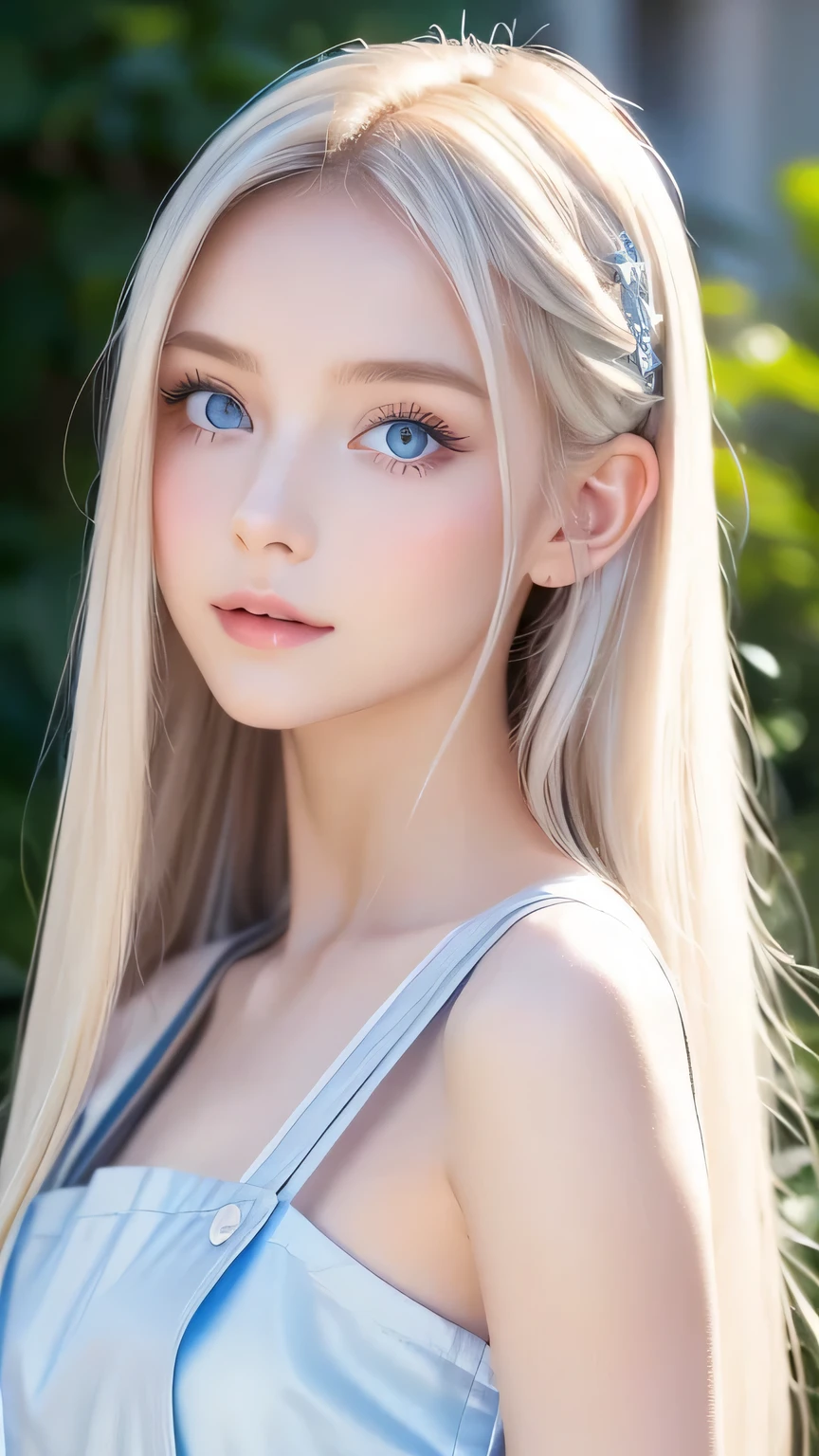 Portrait、A very beautiful Nordic girl、Alice in Wonderland、The endless blue sky、Bright and very beautiful face、Young, lustrous, glowing, white skin、The best beauty、Platinum blonde hair with dazzling highlights、Thin Hair、Very straight beautiful long hair in the back. Super long silky straight hair.、Shiny beautiful bangs、sparkling, clear, large blue eyes、Very beautiful and lovely beautiful、White Apron、Blue Dress