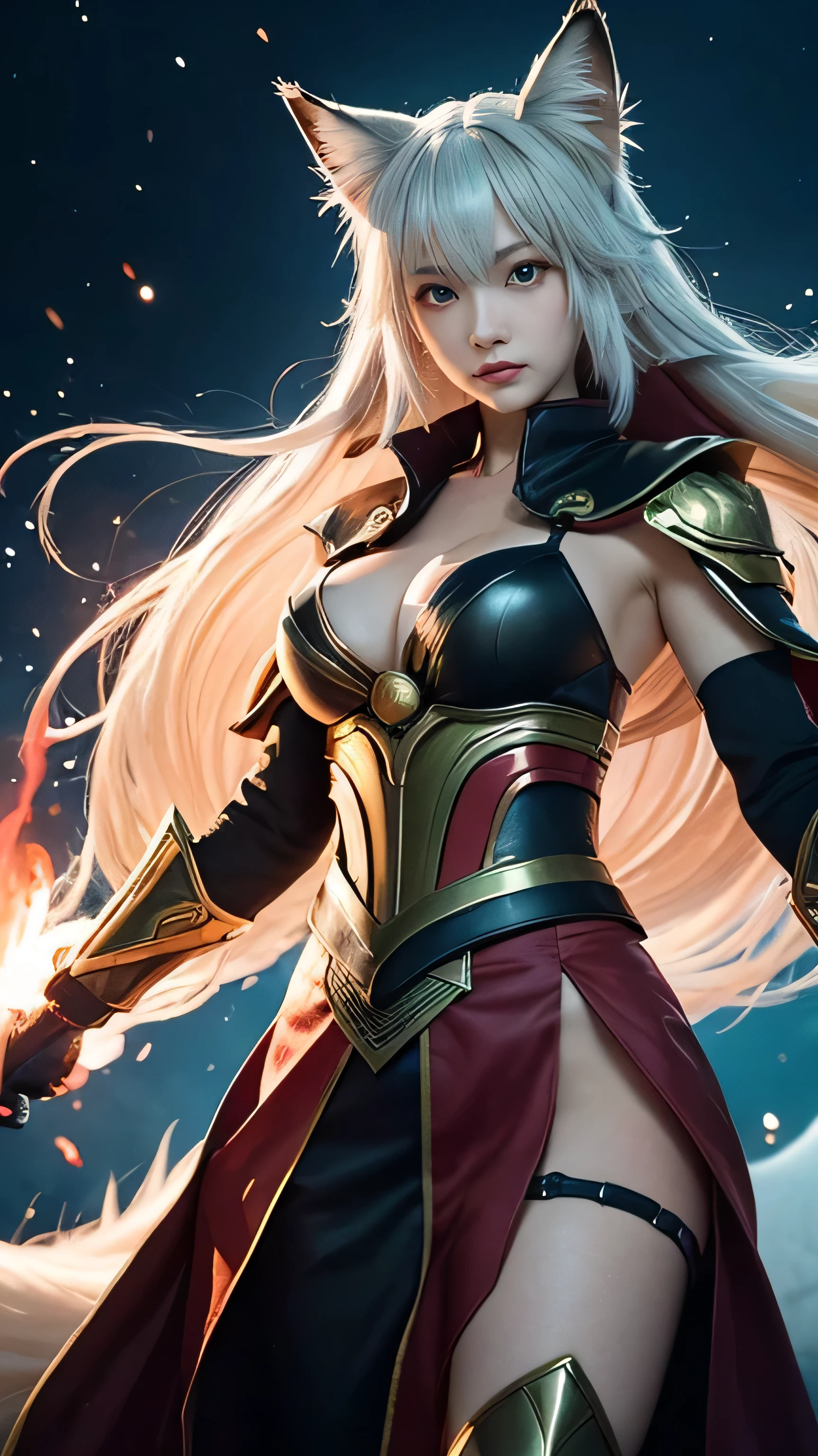 "Depict Tamamo-no-Mae, the legendary nine-tailed fox spirit from Japanese folklore, reimagined as the ultimate hero while retaining her iconic features. Her long, flowing silver hair cascades down her back in sleek, radiant waves, with her fox ears standing tall and alert, symbolizing her heightened senses and agility. Her eyes are large and fierce, glowing with a determined light that reflects her resolve and courage, ready to protect those in need.
Her nine tails are majestic and powerful, each tail shimmering with a golden hue, representing the different aspects of her supernatural abilities. The tails move fluidly, each one acting with precision and purpose, enhancing her combat prowess and giving her an ethereal, almost divine presence.
She wears a form-fitting, battle-ready outfit that blends traditional Japanese elements with modern hero aesthetics. The outfit includes armored gauntlets and boots, intricately designed with fox and flame motifs, providing both protection and style. Her kimono-inspired top is reinforced with lightweight armor, and a flowing cape made of a soft, glowing fabric that represents her mystical origins.
Her expression is confident and focused, with a strong, heroic stance that exudes both grace and power. She wields a weapon—a sleek, mystical katana infused with spiritual energy, or perhaps a staff that channels her ancient powers. The weapon glows with the same light as her tails, symbolizing her strength and connection to the divine.
The background is a dynamic, action-packed scene, such as a cityscape at dusk or a mystical battlefield, with swirling energies and powerful forces colliding. The atmosphere is charged with energy, highlighting her role as a protector and leader. This portrayal transforms Tamamo-no-Mae into the ultimate hero, blending her mythical beauty with strength, valor, and an unwavering commitment to justice."