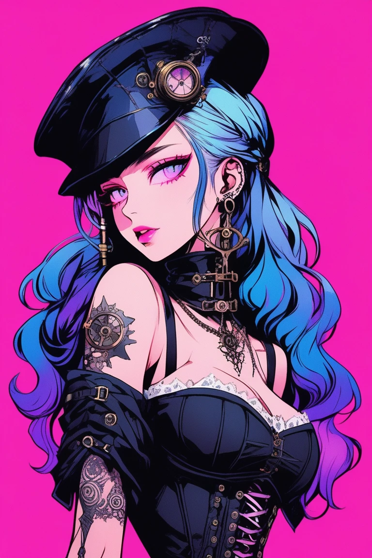 
Illustrator, anime , Realistic ,sketch , 1 person, model, Portrait, lip, wearing gothic Steampunk hat, black corset jumper skirt, bare shoulder, order, Blue and pink gradient background, Neon colored hair, Big Breasts, (((Upper Body))), (((look back))), Sexy look, Sexy pose, Texture Trim, Russia, (masterpiece,Highest quality)