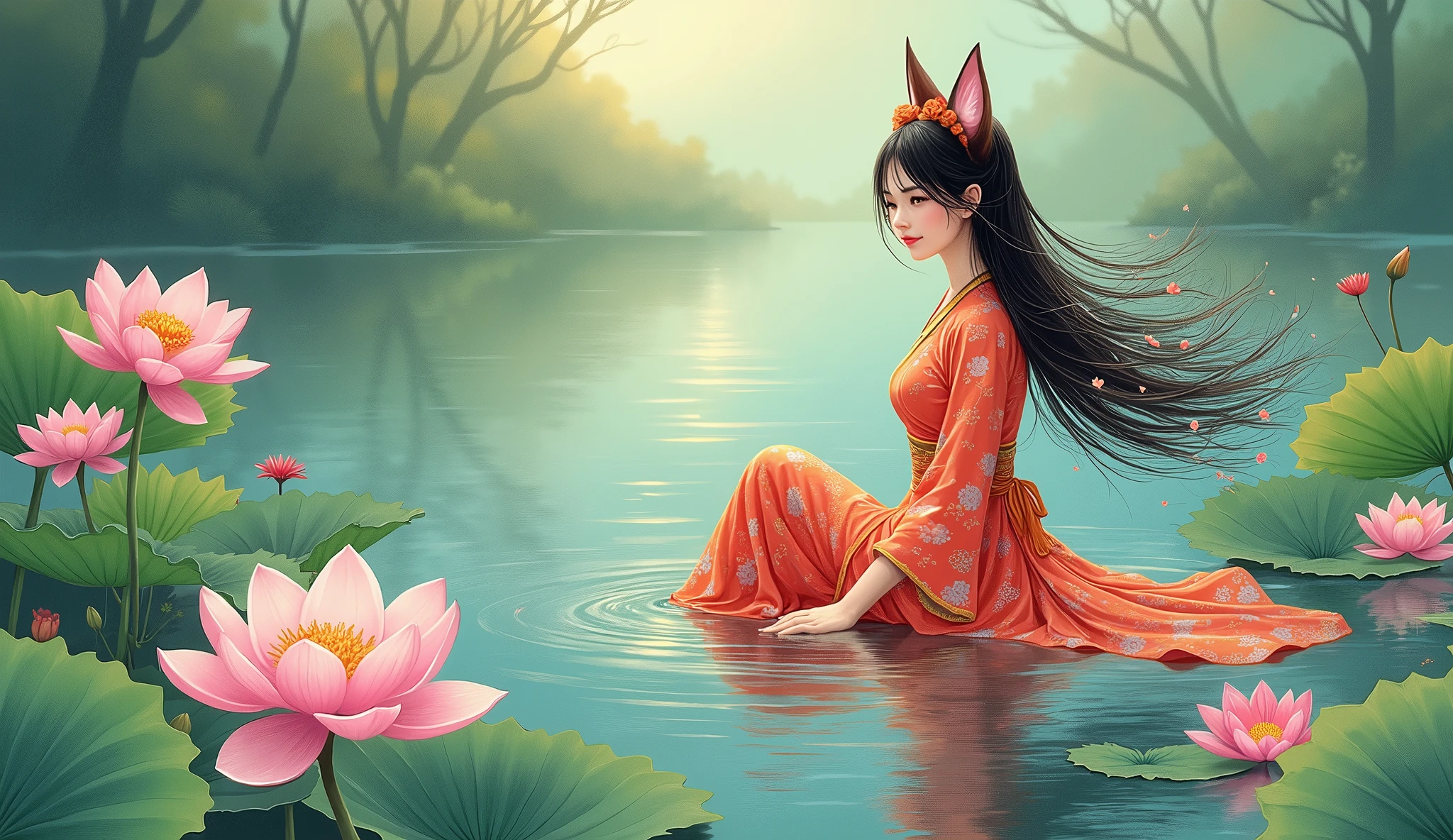 absurdrez, high resolution, extremely detaild, (1 girl:1.3), hand painted, simple lines, wearing colorful Chinese Hanfu, sexy girl with fox ears, Near the lotus pond, work of art, sitting in the water, floating clothes, Flying hair