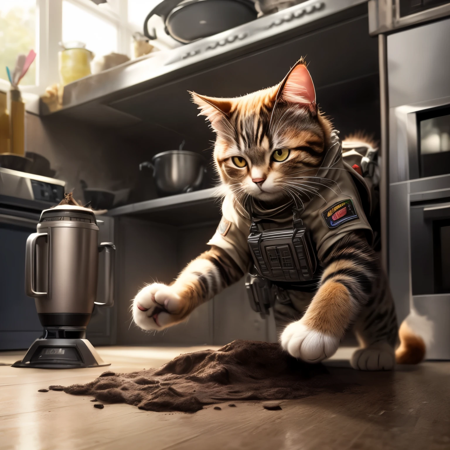 A playful and humorous scene featuring a fluffy cat in bomb disposal gear delivering a powerful paw punch to a ((high-performance blender)). The cat, with its soft fur barely visible under the protective suit, looks determined and slightly mischievous as it strikes the blender with its paw. The blender, slightly exaggerated with oversized buttons or wires, seems to react to the punch, adding a comical effect. The background might show a kitchen setting, adding to the humorous contrast between the cat's serious gear and the playful action. The overall atmosphere is lighthearted and charming, capturing the cat's feisty spirit in a funny and creative way. ((high-performance blender:1))