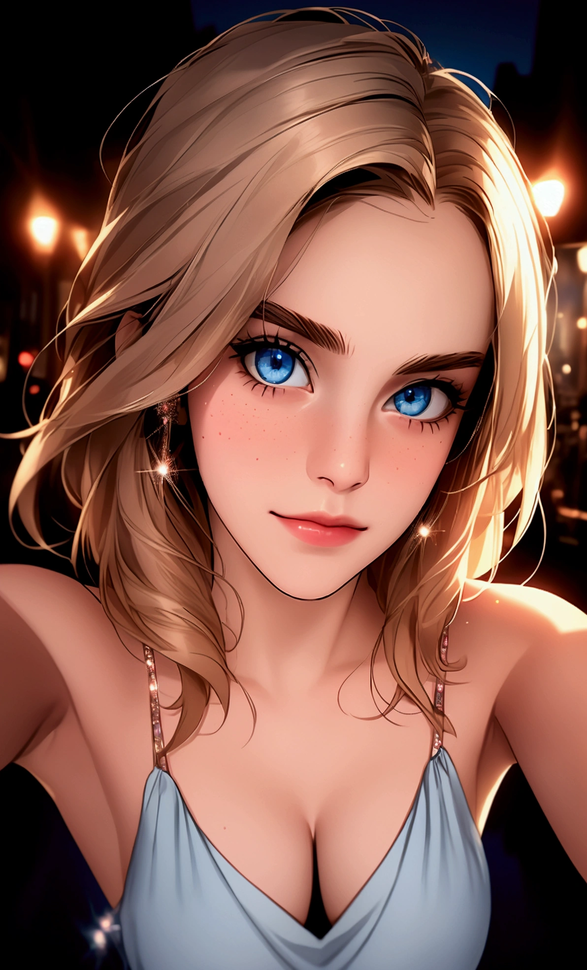 Emma Watson, (selfie, top view: 1.4), (straight half body: 1.4), RAW UHD portrait photo of a 24-year-old blonde (blue-eyed woman) walking down a dark alley, natural breasts_b, night city, (red sundress), (décolleté), detail (textures!, hair!, glitter, color!, disadvantages: 1.1), highly detailed glossy eyes, (looking at the camera), mirror lighting, DSLR camera, ultra quality, sharp focus, sharpness, depth of field, film grain, (center), Fujifilm XT3, crystal clear, center of frame, pretty face, sharp focus, street lamp, neon lights, bokeh, (dimly lit), low key, night, (night sky) detailed skin pores, oiled skin, tan, intricate eye details