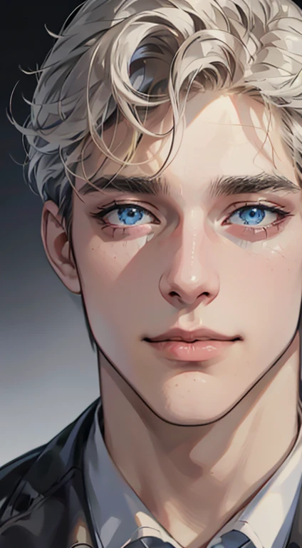 (best quality,4k,8k,highres,masterpiece:1.2),ultra-detailed,(realistic,photorealistic,photo-realistic:1.37),1 man,31 years old,mature man,very handsome,without expression,smile,short grey golden hair,blue eyes,penetrating gaze,perfect face without errors,imposing posture,businessman,office background,cinematic lighting,hdr image