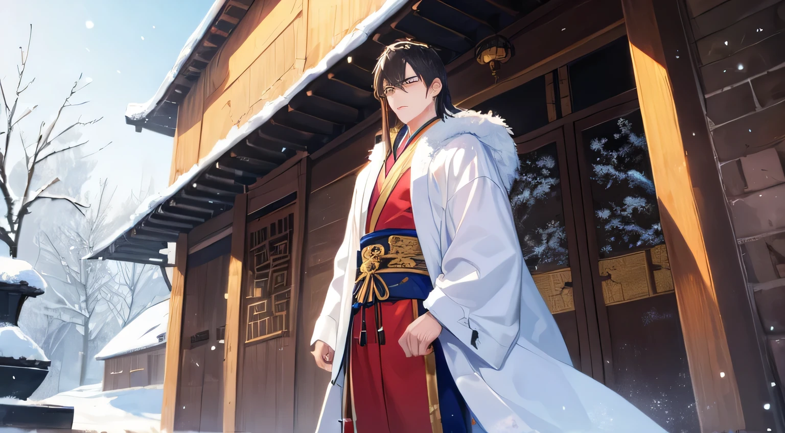 (very handsome :1.2), 8K, (masterpiece:1.0), (the best_quality:1.0), (1 boy),(male),(man),1 unique person,Delicate eyes and delicate face,A grand crimson-lacquered door with intricate carvings,snow,winter,A snowy street in China,Standing alone in front of the carriage,Melancholy look,Eyes full of sorrow,Intricate details, Enlarged texture, 和Intricate details, , Seductive and captivating, Bright Light, Flowing ancient costumes, Clear facial expressions, Beautiful character painting, Long flowing hair and robes, Chinese painting style, A beautiful fantasy art illustration, (1 boy),(male),(man)