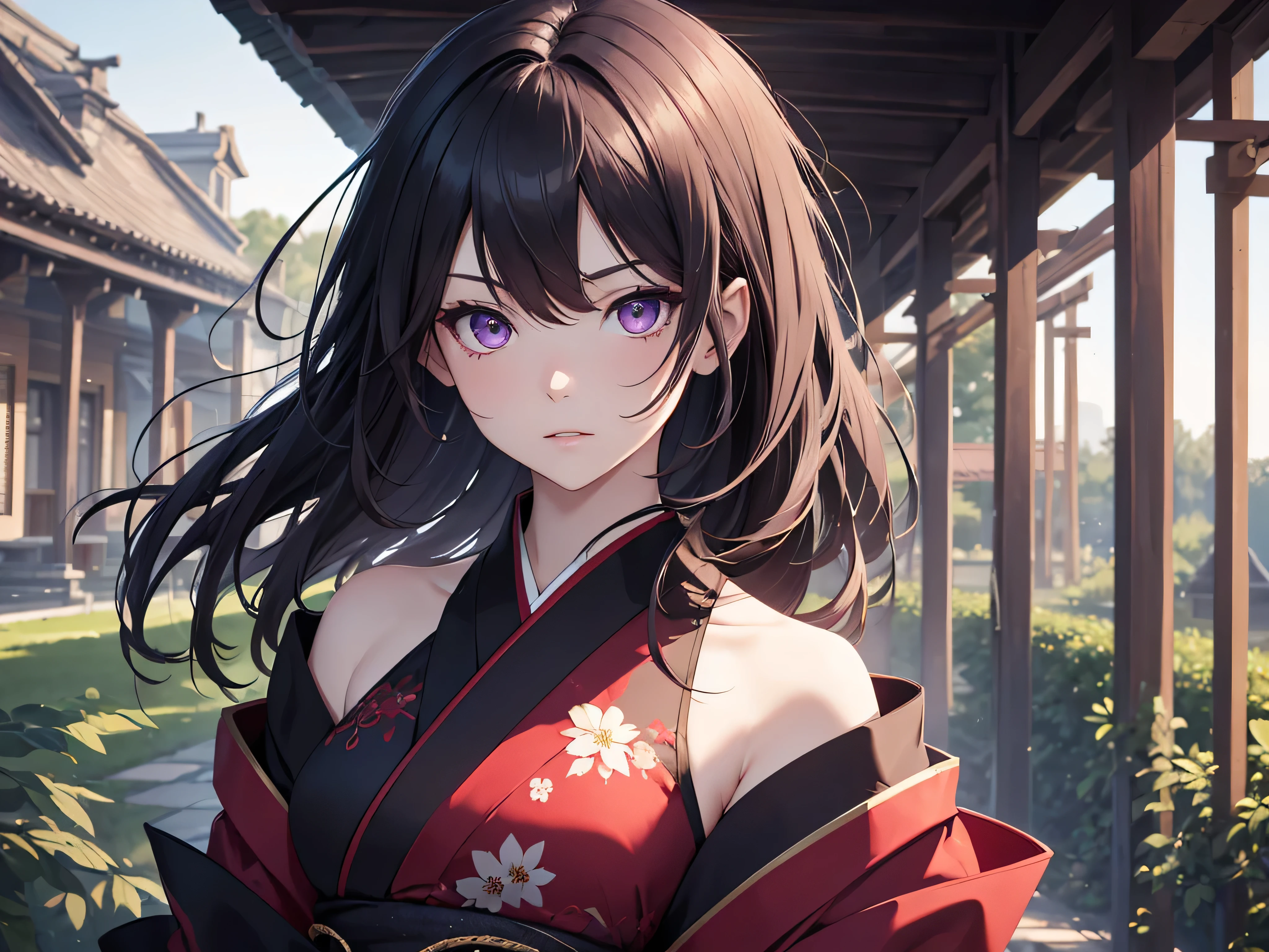 (8K, Best Quality, Masterpiece, Ultra High Resolution) Single Person, 1 Girl, Cute Eyes, Face Details, Pale Skin, Slender, Short, Curvy, Black Red Hair, Long Hair, Purple Eyes, Formal Kimono, Outside in Field, Best Quality, Upper Body, Looking at the Viewer, Facing Viewer, Close Up