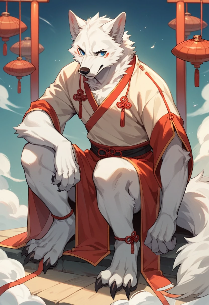 Furry，white fur，male people，teenage，canid，white wolf，solo person，sharp talons，white-skinned， blue eyes，Fluffy tail，Chinese ，ancient costume，ultra - detailed：1.0