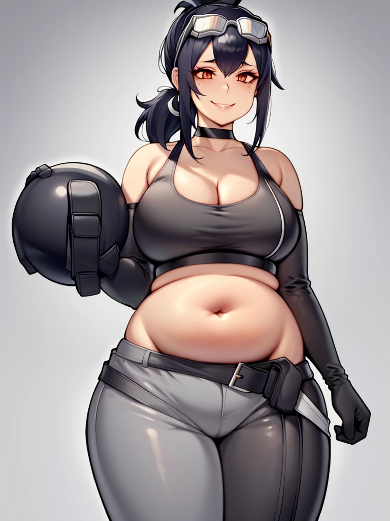 art by kipteitei, grace howard, bare shoulders, black choker, black gloves, black pants, black sports bra, elbow gloves, goggles on head, low ponytail, midriff, chubby body, pot belly, intimate, looking to the right, gentle smiling face, in nature, cartoon, hands behind body, no extra details, no extra fingers, 1girl, 25 year old