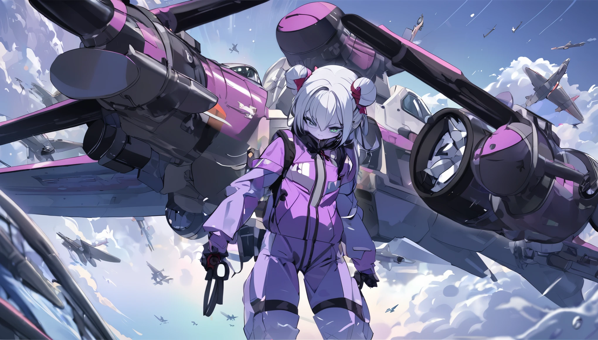 a girl, white skin, look no emotional, short red bun hair, green eyes, wearing a blue and purple color EVA plug suit, the plug suit made by machine used by steels, behind the back having 6 propellers, the right hand grabbing of a long and large Bazooka, flying in the sky with a few of f-16 model fight jets.