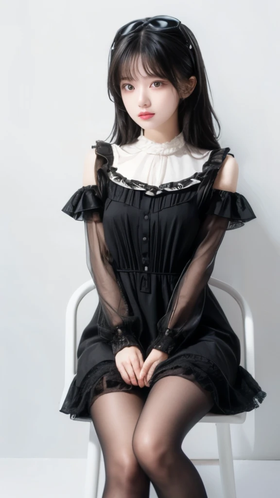 Super cute black hair，Black Lolita dress girl. 8K ultra-high quality, Delicate texture, Pure white background，（Wear black pantyhose），Show long legs，sit on the chair，18-year-old girl