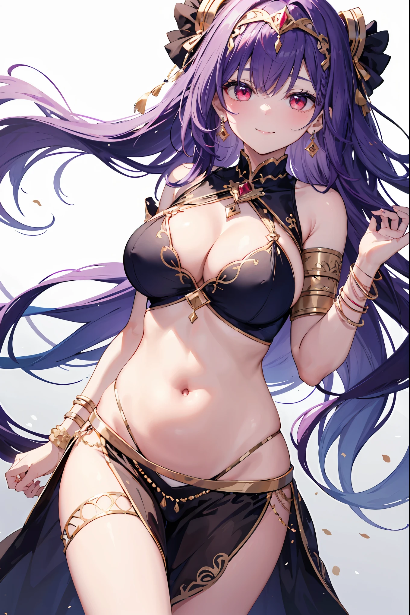 1girl, white background, red eyes, long hair, purple hair, belly dancer, circlet, earrings, armlets, bracelets, bashful smile, large breasts, cleavage, soft stomach