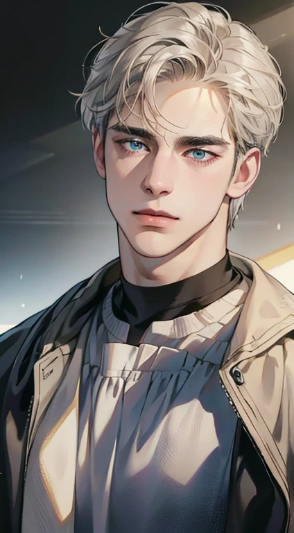(best quality,4k,8k,highres,masterpiece:1.2),ultra-detailed,(realistic,photorealistic,photo-realistic:1.37),1 man,31 years old,mature man,very handsome,without expression,smile,short grey golden hair,blue eyes,penetrating gaze,perfect face without errors,imposing posture,businessman,office background,cinematic lighting,hdr image