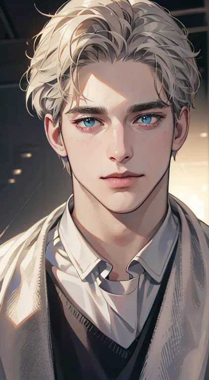 (best quality,4k,8k,highres,masterpiece:1.2),ultra-detailed,(realistic,photorealistic,photo-realistic:1.37),1 man,31 years old,mature man,very handsome,without expression,smile,short grey golden hair,blue eyes,penetrating gaze,perfect face without errors,imposing posture,businessman,office background,cinematic lighting,hdr image