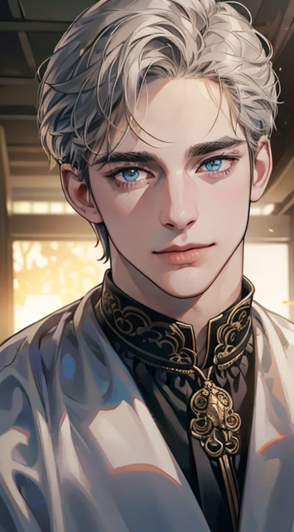 (best quality,4k,8k,highres,masterpiece:1.2),ultra-detailed,(realistic,photorealistic,photo-realistic:1.37),1 man,31 years old,mature man,very handsome,without expression,smile,short grey golden hair,blue eyes,penetrating gaze,perfect face without errors,imposing posture,businessman,office background,cinematic lighting,hdr image